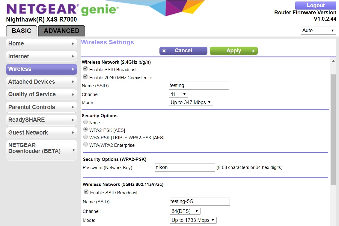 R7800 Wireless Settings